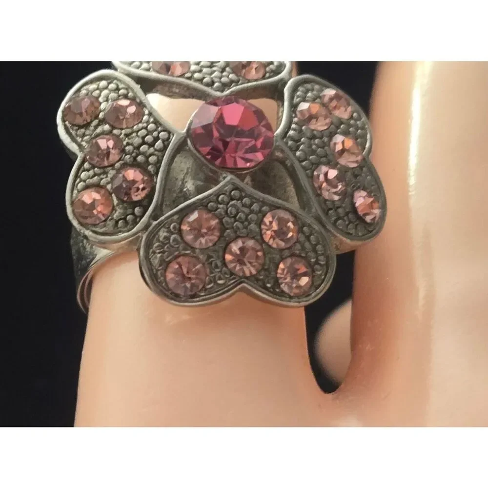 Women's Vintage Pink Rhinestone Heart Flower Silver Tone Adjustable Ring